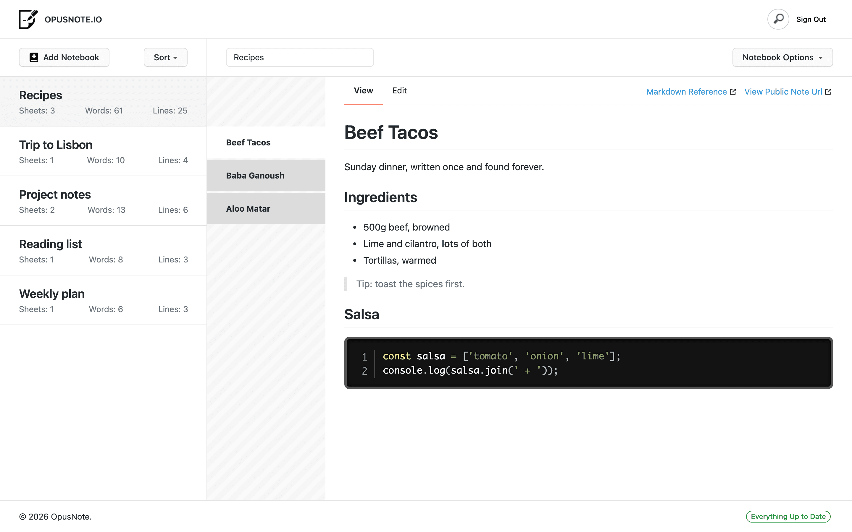 The OpusNote app: a list of notebooks, the sheets in the selected notebook, and a rendered recipe with a highlighted code block.